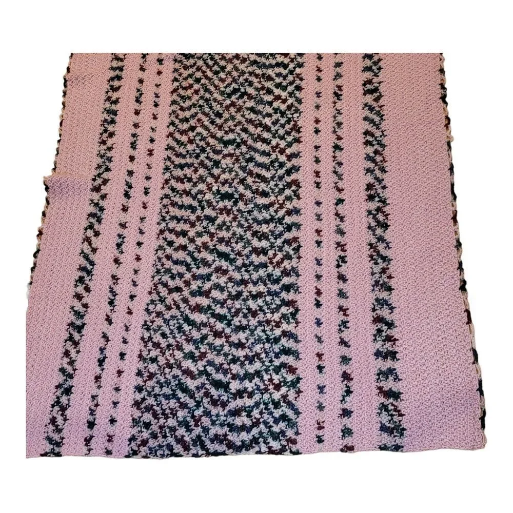 Vintage Handmade Crochet Pink And MultiColor‎ Stiped Afghan Blanket 38x53