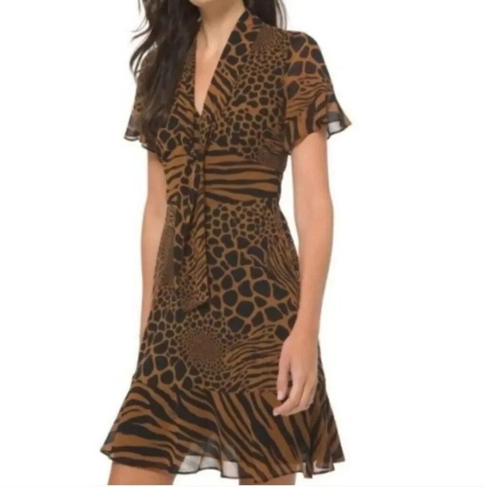 MICHAEL KORS NWT Ruffle Flounce Animal Print Caramel Tie Neck Dress‎ - Small