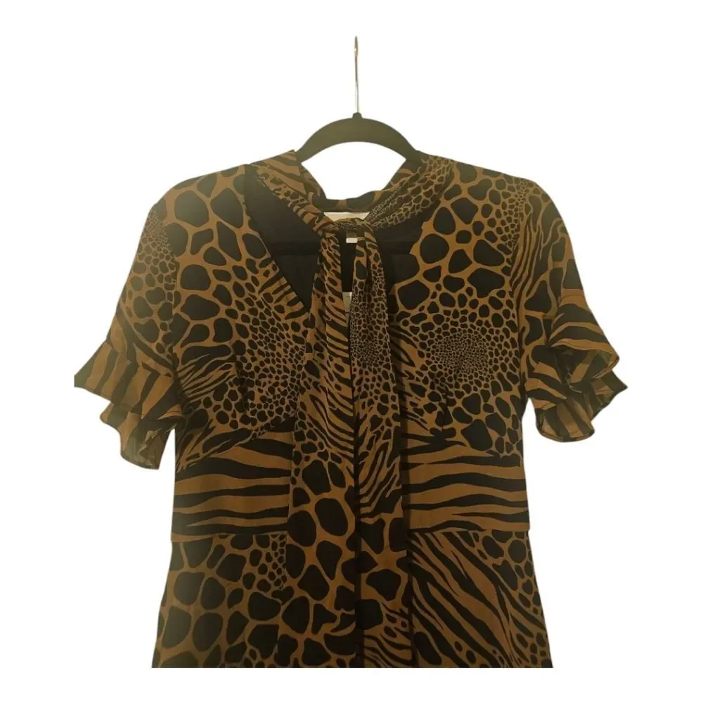 MICHAEL KORS NWT Ruffle Flounce Animal Print Caramel Tie Neck Dress‎ - Small