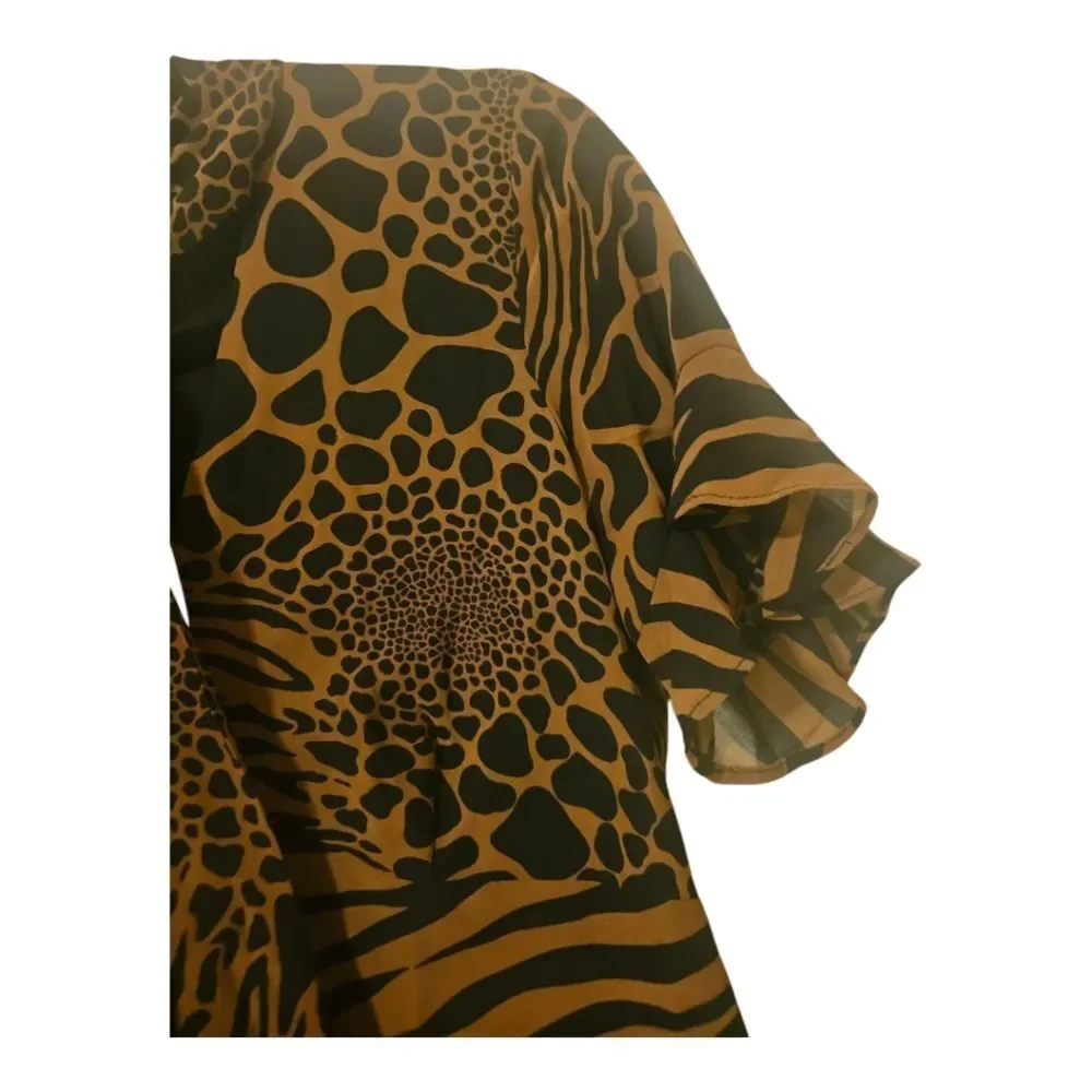 MICHAEL KORS NWT Ruffle Flounce Animal Print Caramel Tie Neck Dress‎ - Small