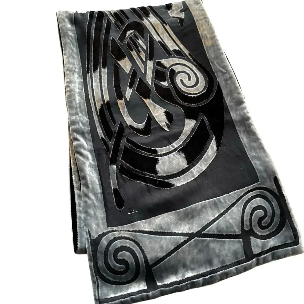 Velvet & Silk burnout style scarf wrap 2-side mod geometric black & silvery gray