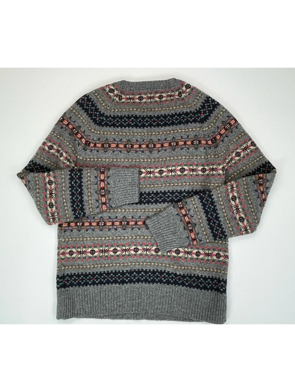 JCrew Mens Fair Isle Lambswool Sweater Gray Knit Small S Nordic Crewneck *read*
