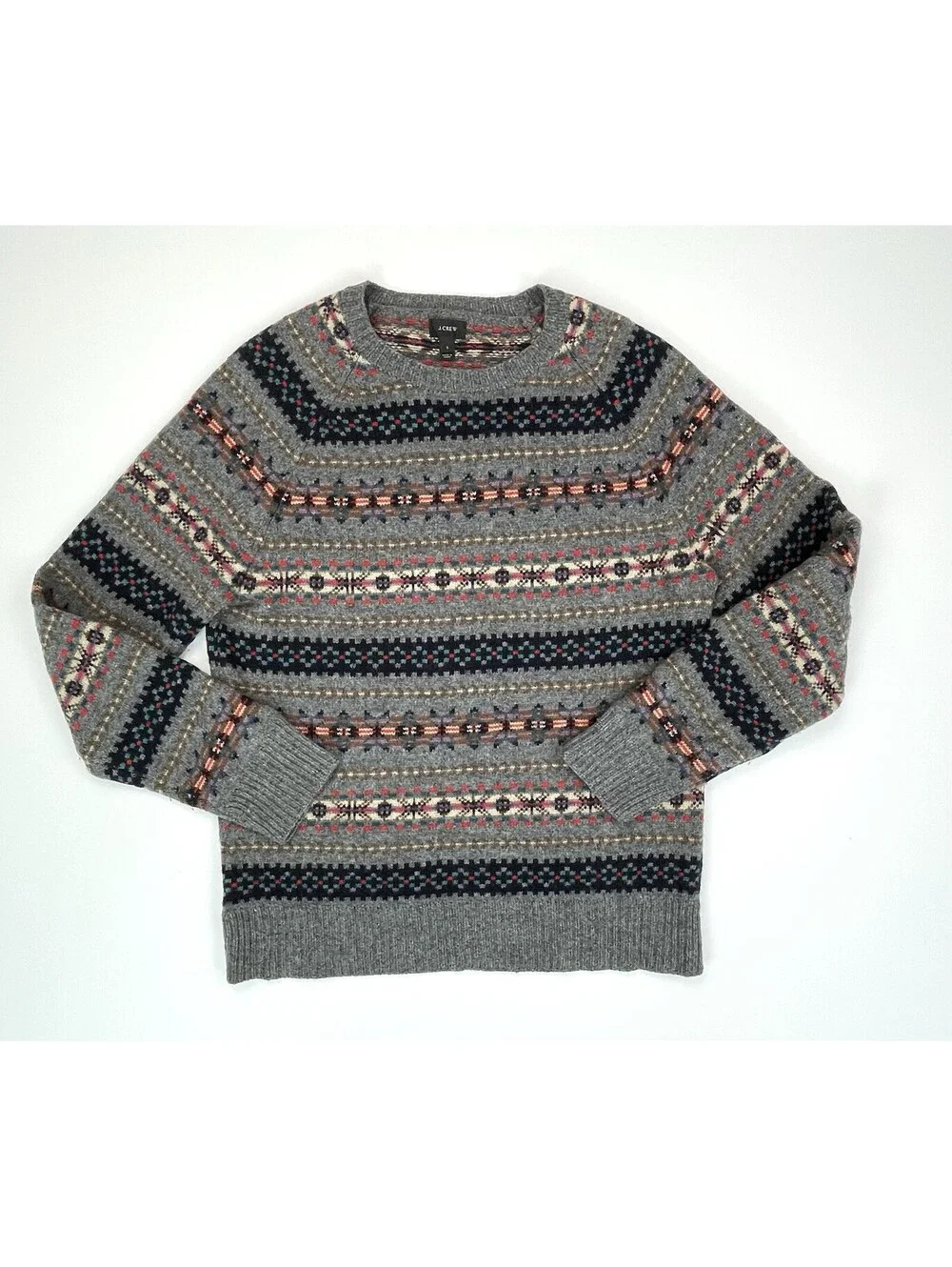 JCrew Mens Fair Isle Lambswool Sweater Gray Knit Small S Nordic Crewneck *read*