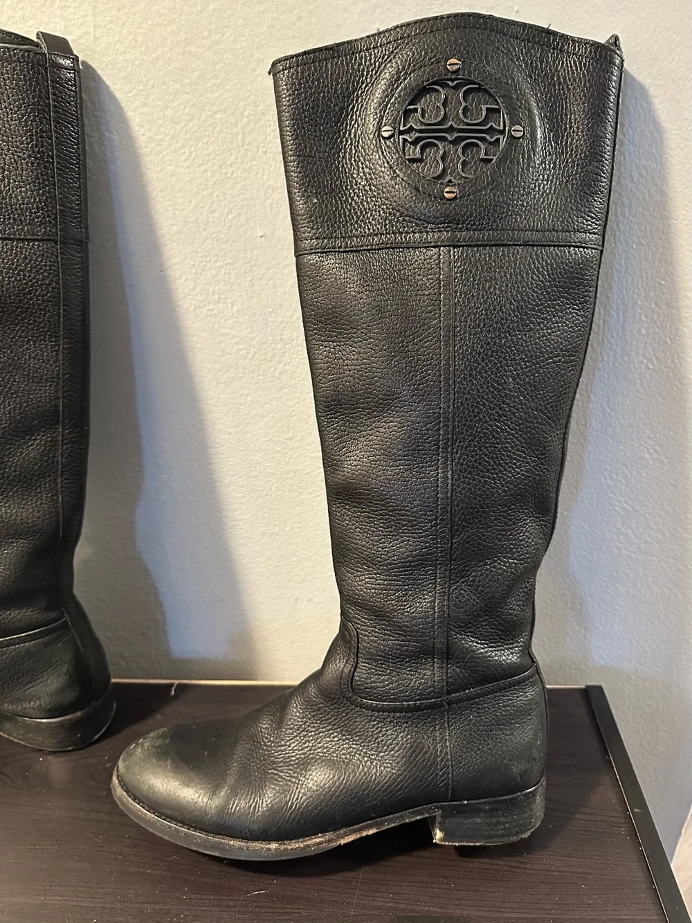 Tory Burch Black Leather Knee-High Logo Riding Boots