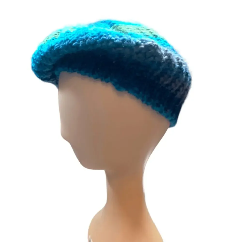 Knit Beret Hat Green Blue Tonal Shades Slouchy‎ Multicolor Winter Cap Warm