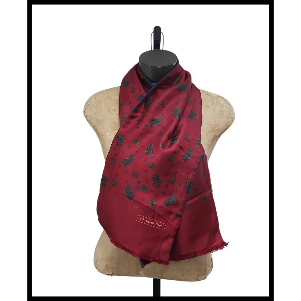 Vintage 80s Christian Dior Silk Paisley Flannel Back Fringe Scarf Burgundy Blue