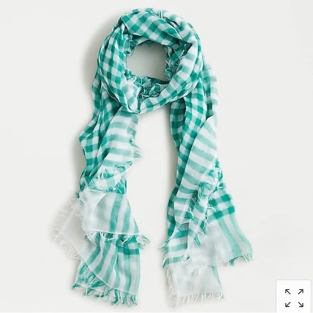 NWT J. Crew Lightweight Gingham‎ Fringe-Trim Scarf - Kelly Green
