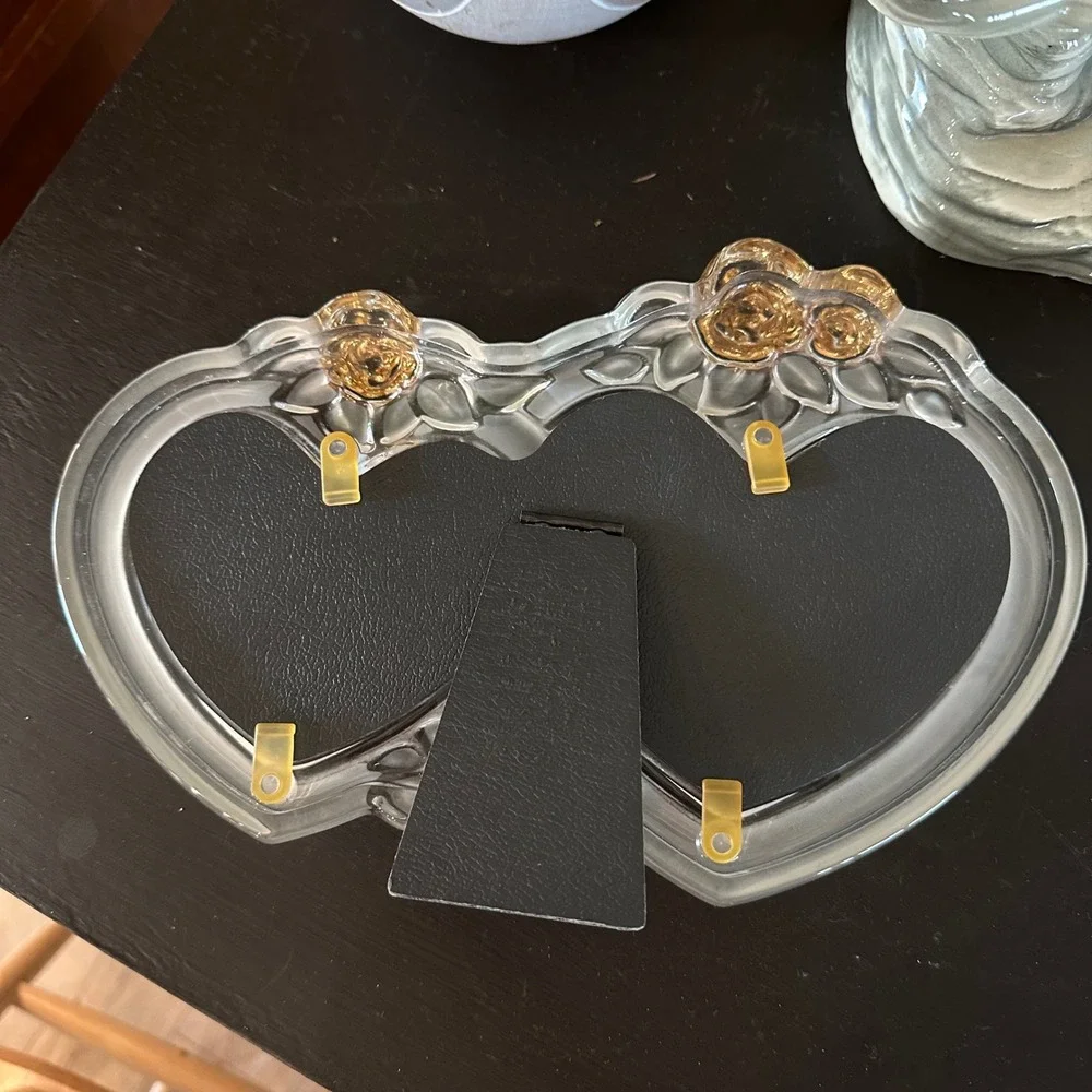 VTG Mikasa Crystal Double Heart Picture Frame Gold Roses Frosted Cottage Wedding
