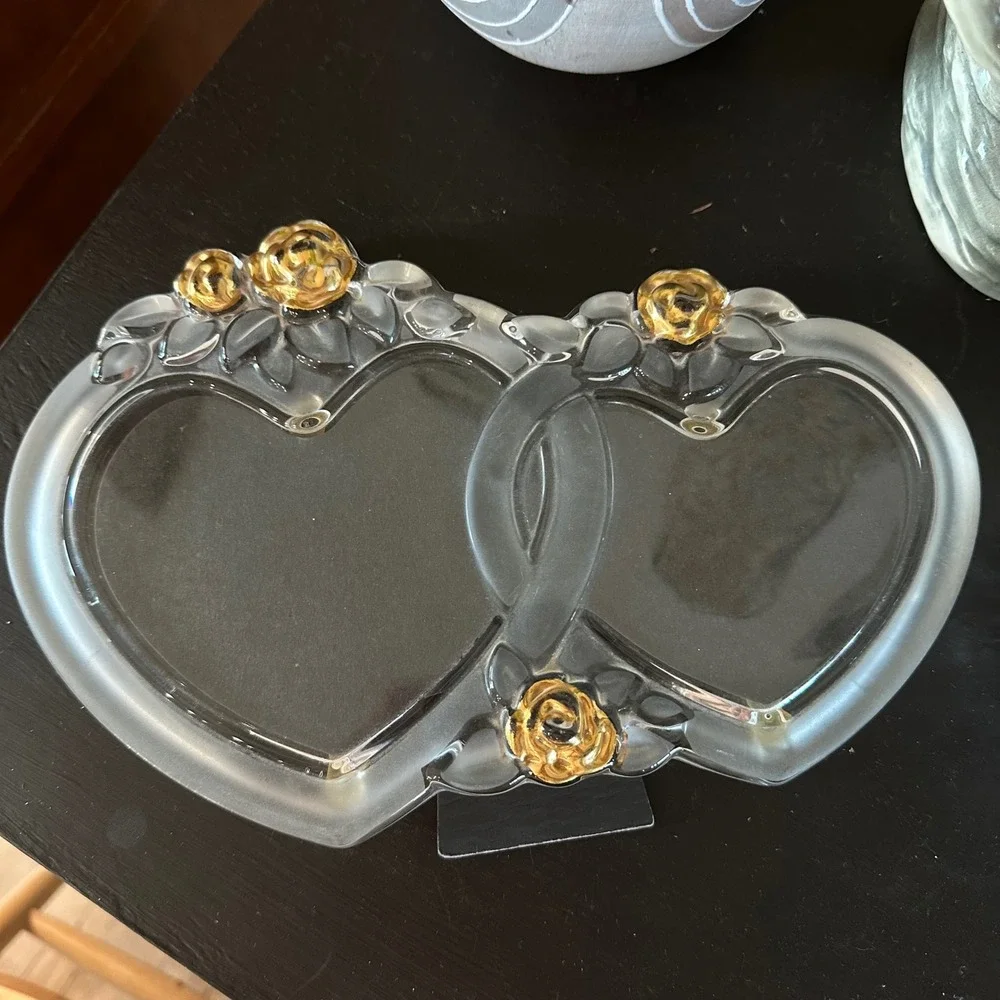 VTG Mikasa Crystal Double Heart Picture Frame Gold Roses Frosted Cottage Wedding