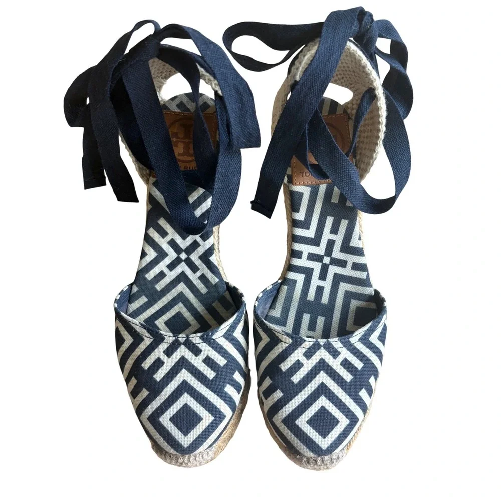 $248 TORY BURCH‎ Ines Wedge Espadrille Navy Geometric Sandal Ankle Tie EU35;US5