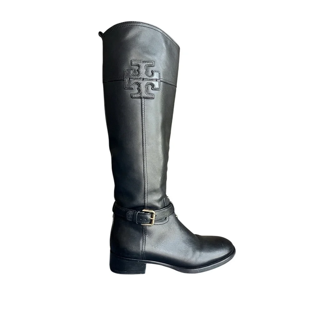Tory Burch Women's Blair Black Leather Gold Buckle Riding Boots Shoes Size 8