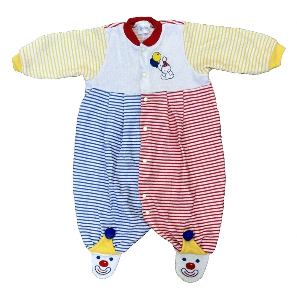 Vintage Carter's Clown Footed Sleeper Snaps Unisex Baby 9-12M Terry Cotton
