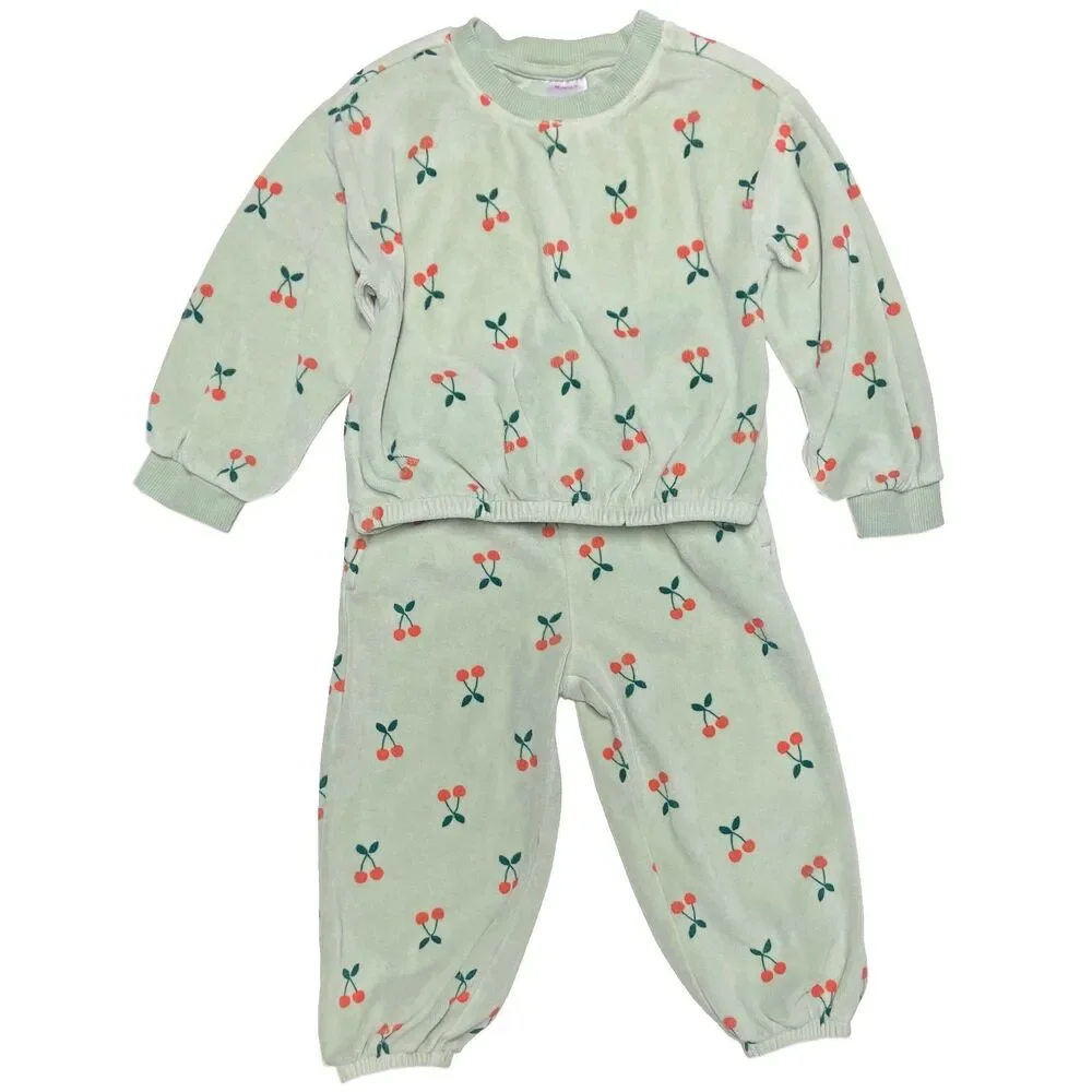 Hanna Andersson Sweatpants & Top Size 3T Green Cherry Print Velour Cotton Blend