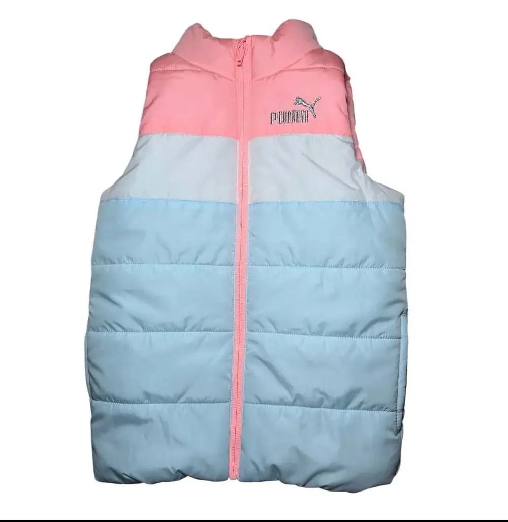 Puma Girls Puffer‎ Vest Pink Blue Colorblock Full Zip Lightweight XS 4/5