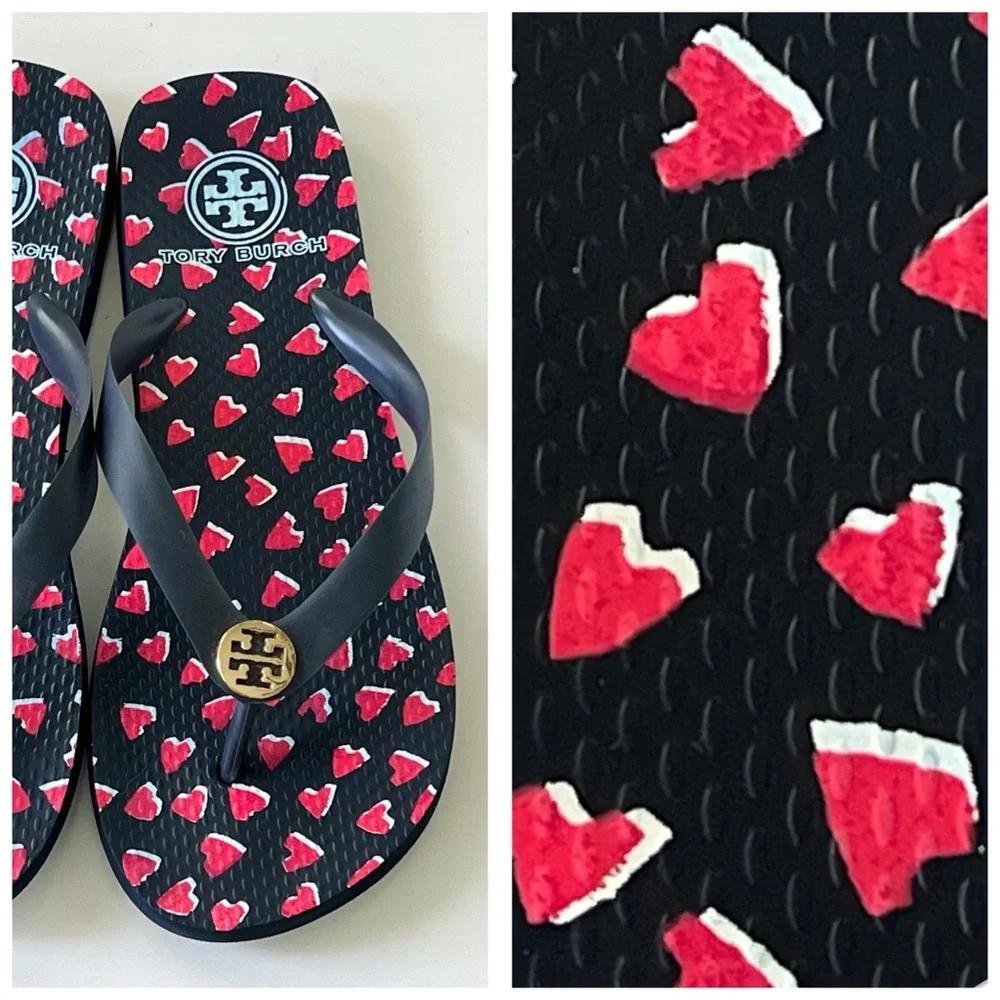 Tory Burch Black with Red Hearts Flip Flop Thong Sweetheart Sandals