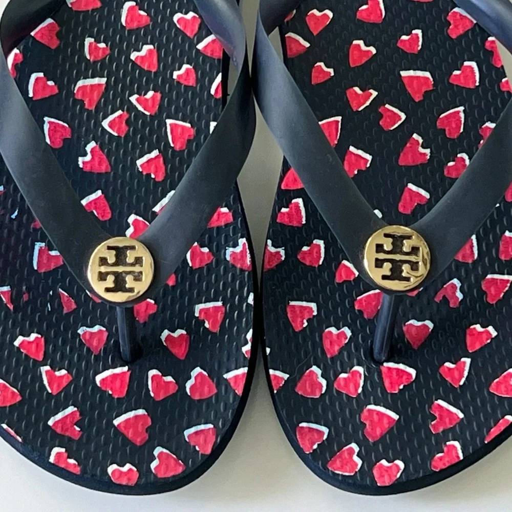Tory Burch Black with Red Hearts Flip Flop Thong Sweetheart Sandals