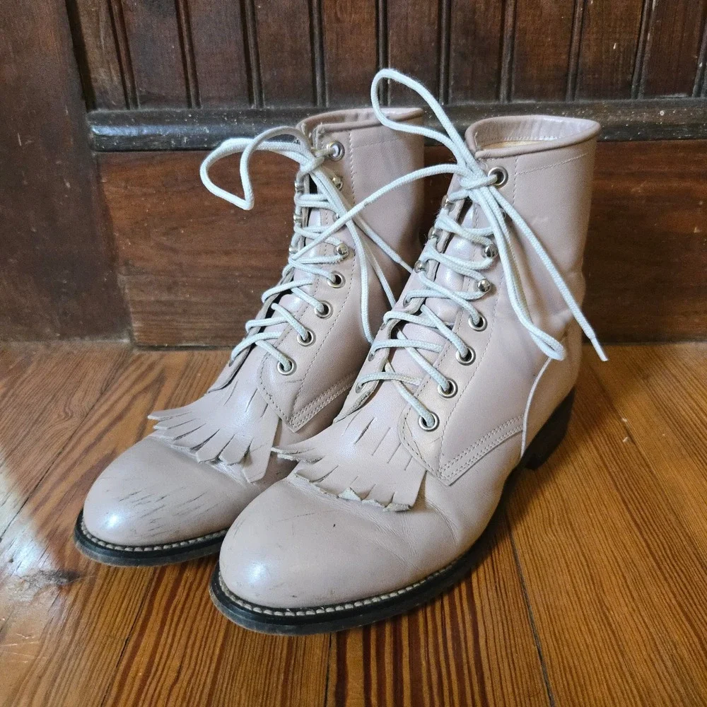 VTG Justin‎ Lace Up Kiltie Boots Taupe Beige Leather Womens 3.5 D Made In Mexico