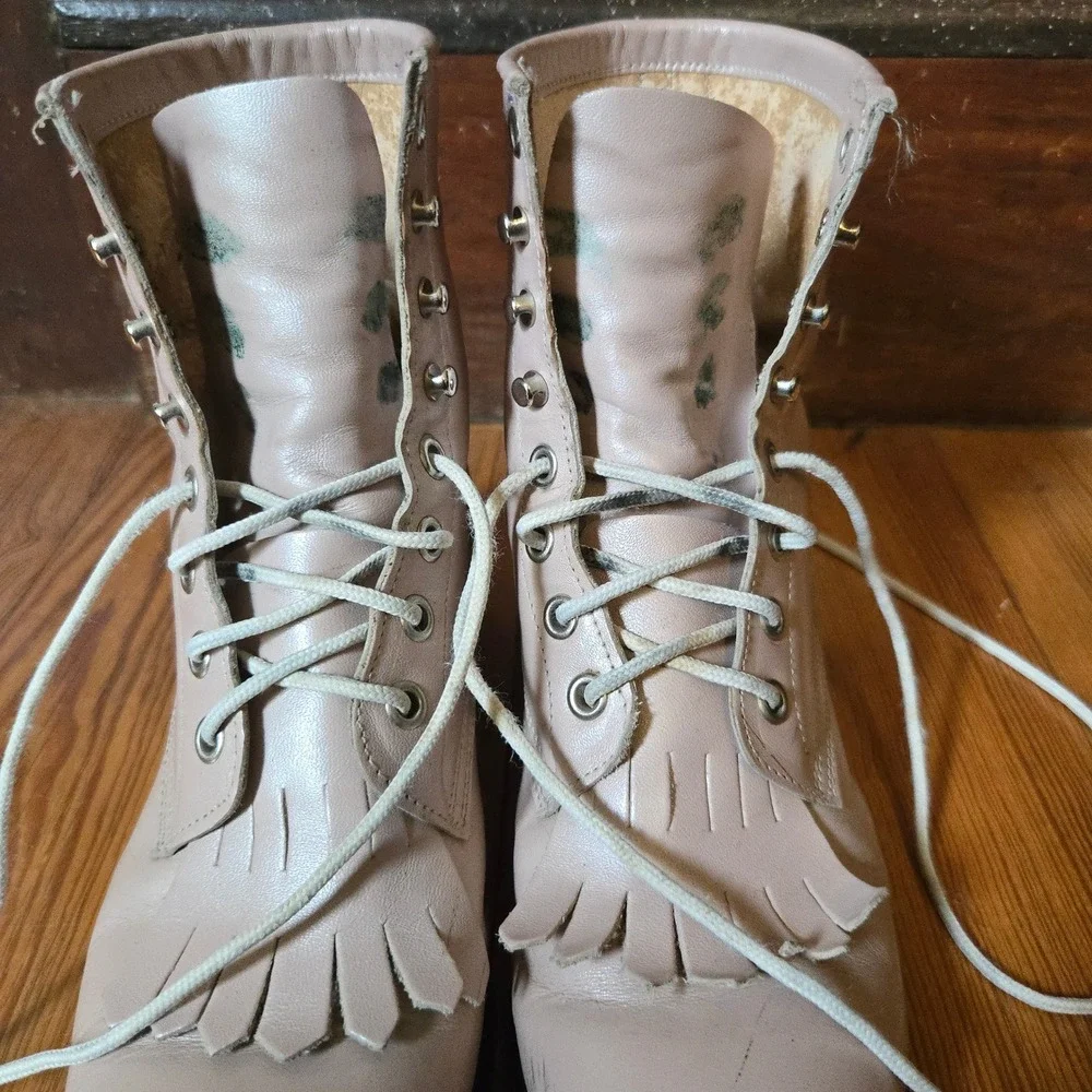 VTG Justin‎ Lace Up Kiltie Boots Taupe Beige Leather Womens 3.5 D Made In Mexico