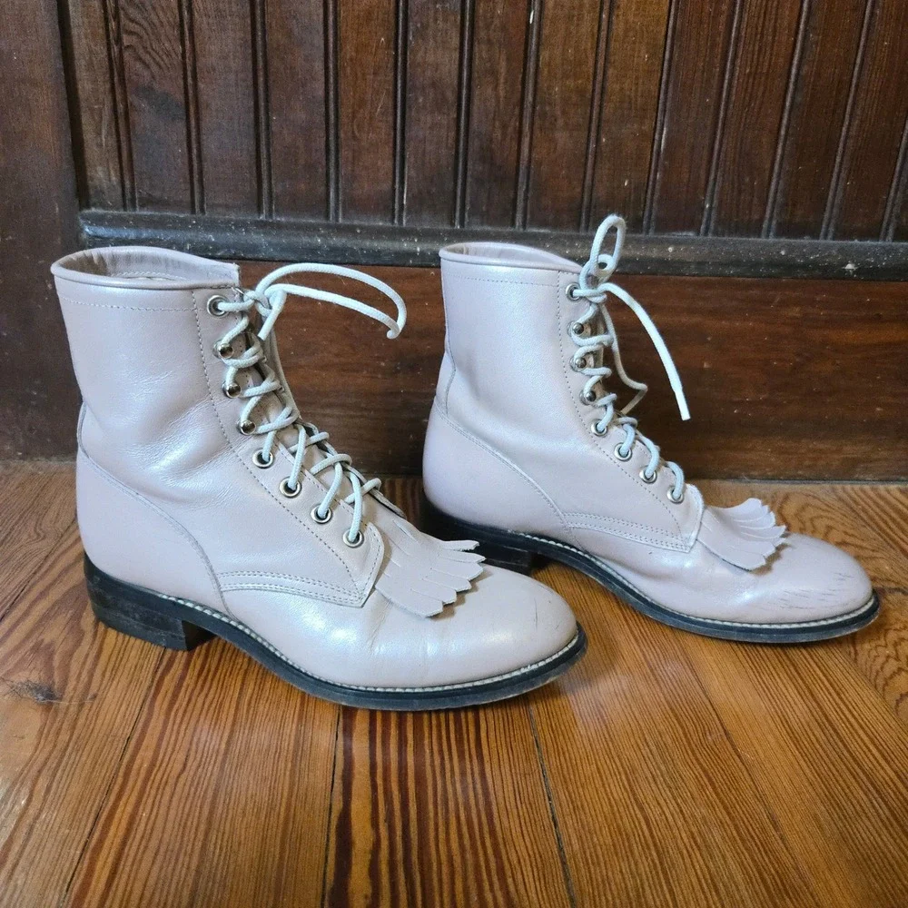 VTG Justin‎ Lace Up Kiltie Boots Taupe Beige Leather Womens 3.5 D Made In Mexico