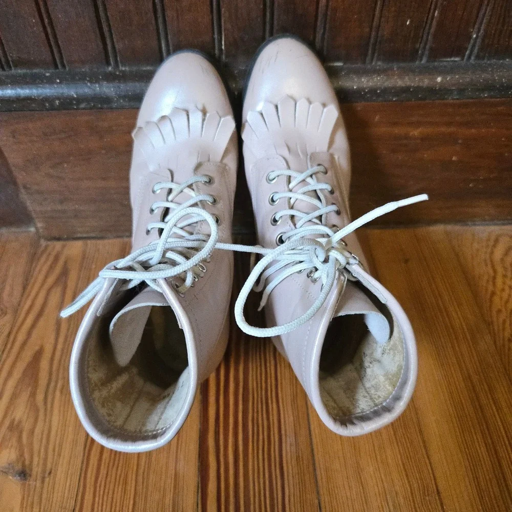 VTG Justin‎ Lace Up Kiltie Boots Taupe Beige Leather Womens 3.5 D Made In Mexico