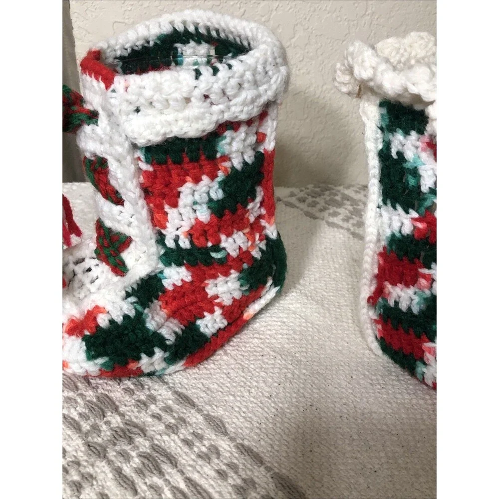 Christmas Stockings Vintage Handmade Grandma Square Crochet Red Green White 6