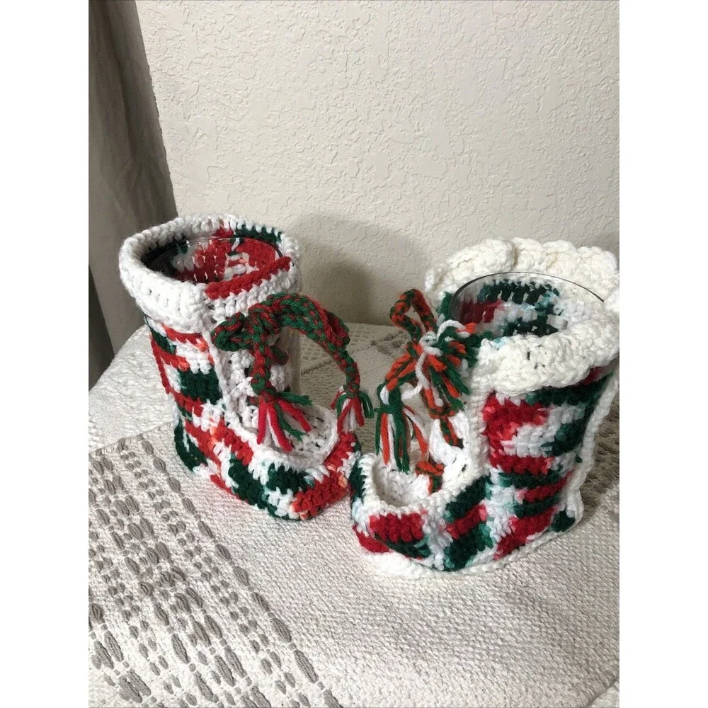 Christmas Stockings Vintage Handmade Grandma Square Crochet Red Green White 6