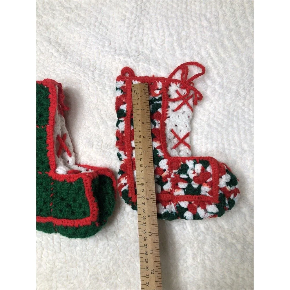 Christmas Stockings Vintage Handmade Grandma Square Crochet Red Green White 6