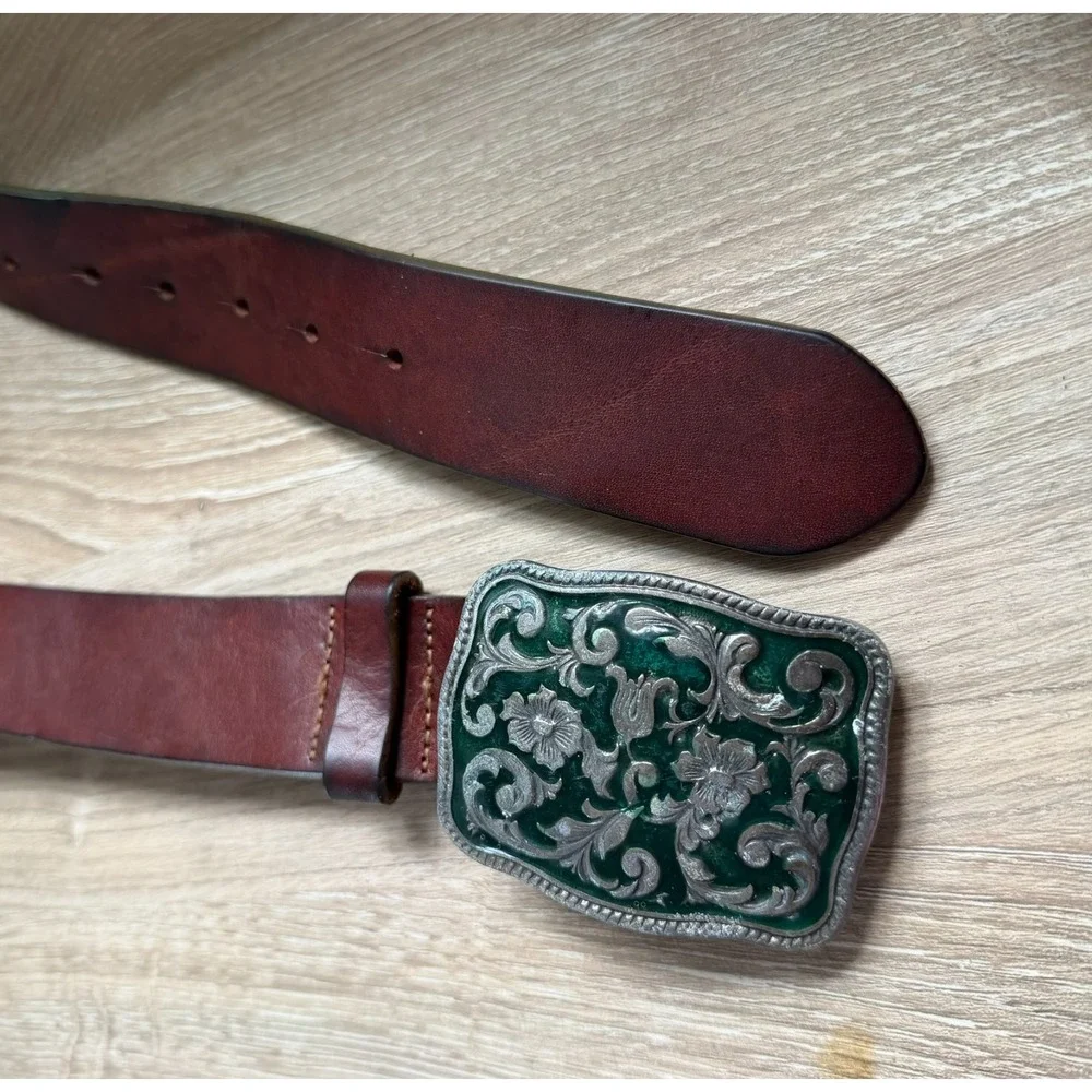 Vintage Women's Size M GAP Brown Leather Belt Floral Enamel Buckle Green Italy