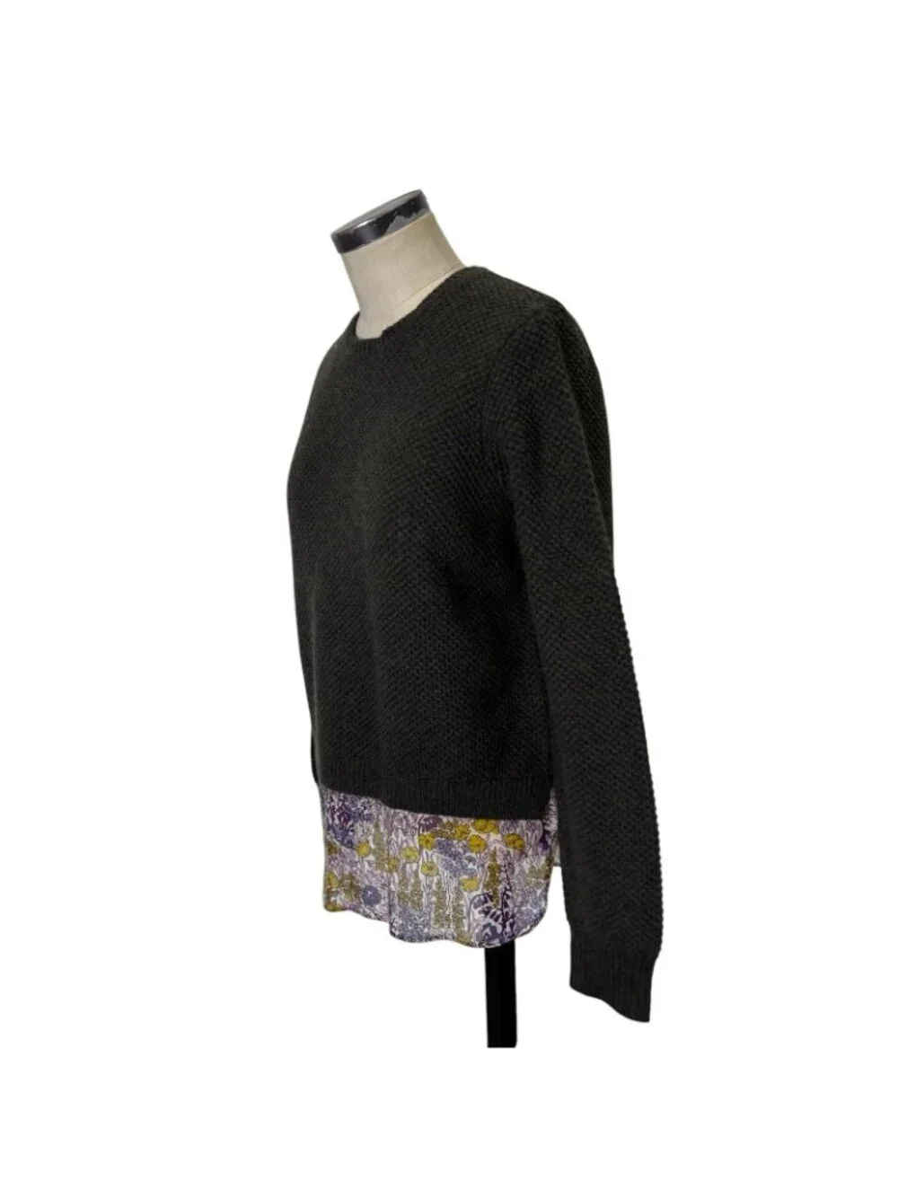 J Crew Wool Crewneck Sweater Silk Libery Floral Print Tail Medium Green B2388