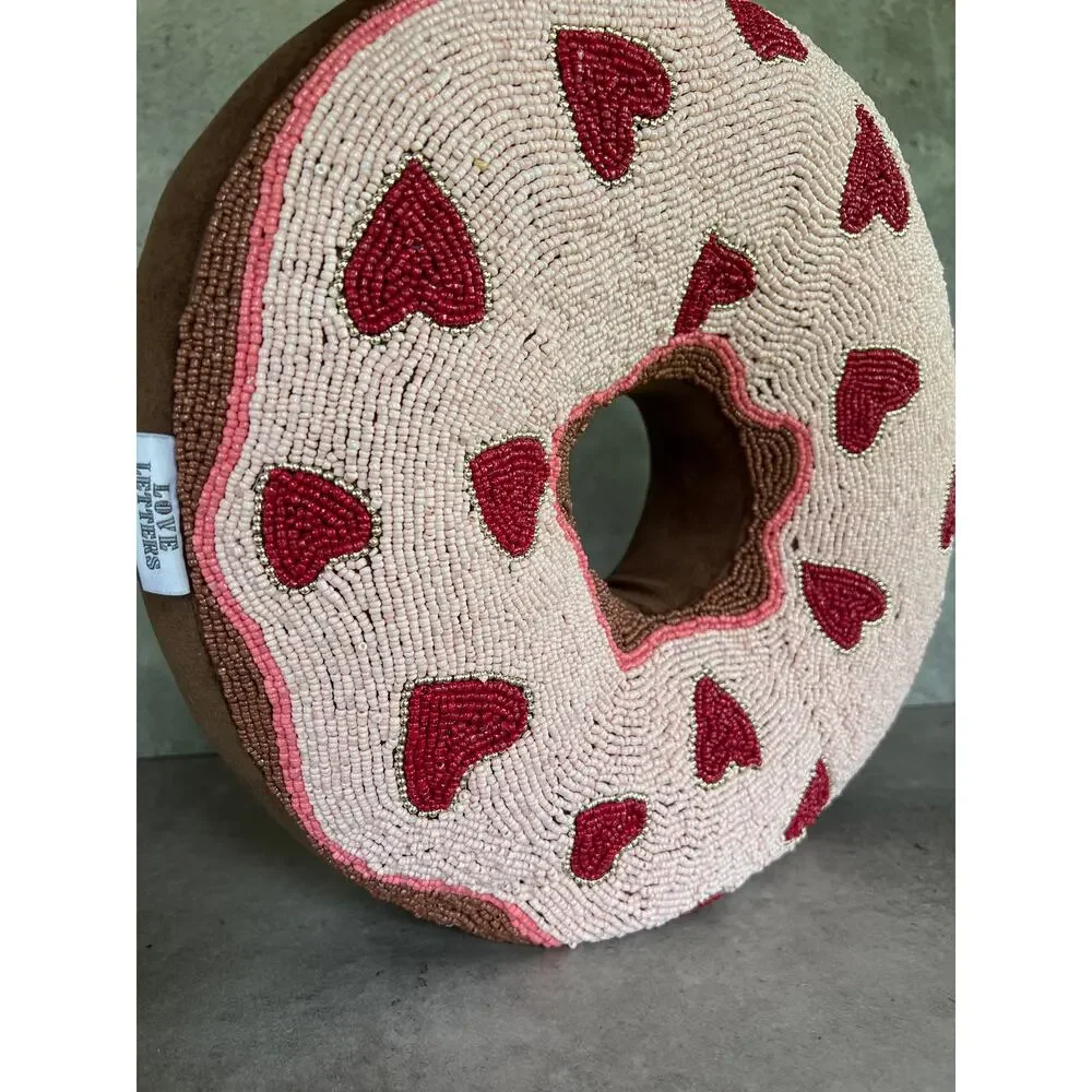 Love Letters Valentines day giant beaded Donut pillow beaded icing w hearts pink