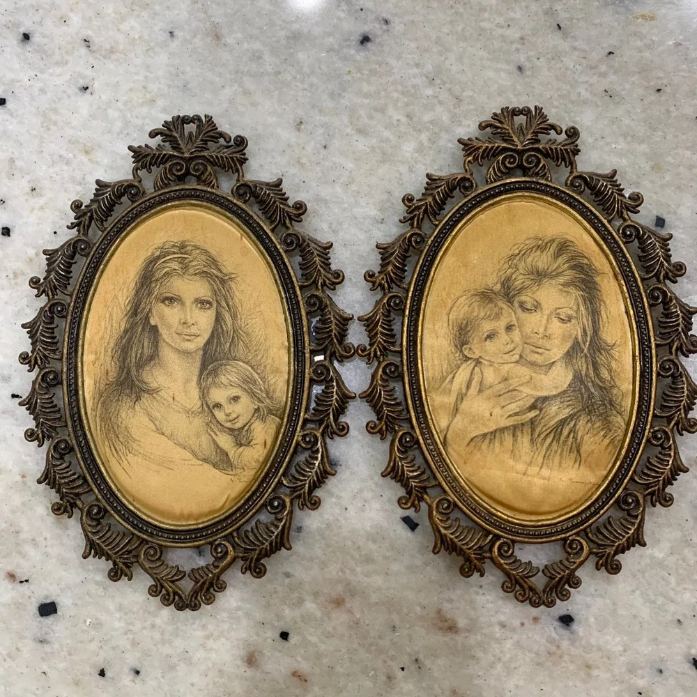 Vintage Ornate Gold Oval Frames Mother and Child Sketch Art Set of 2 Regency