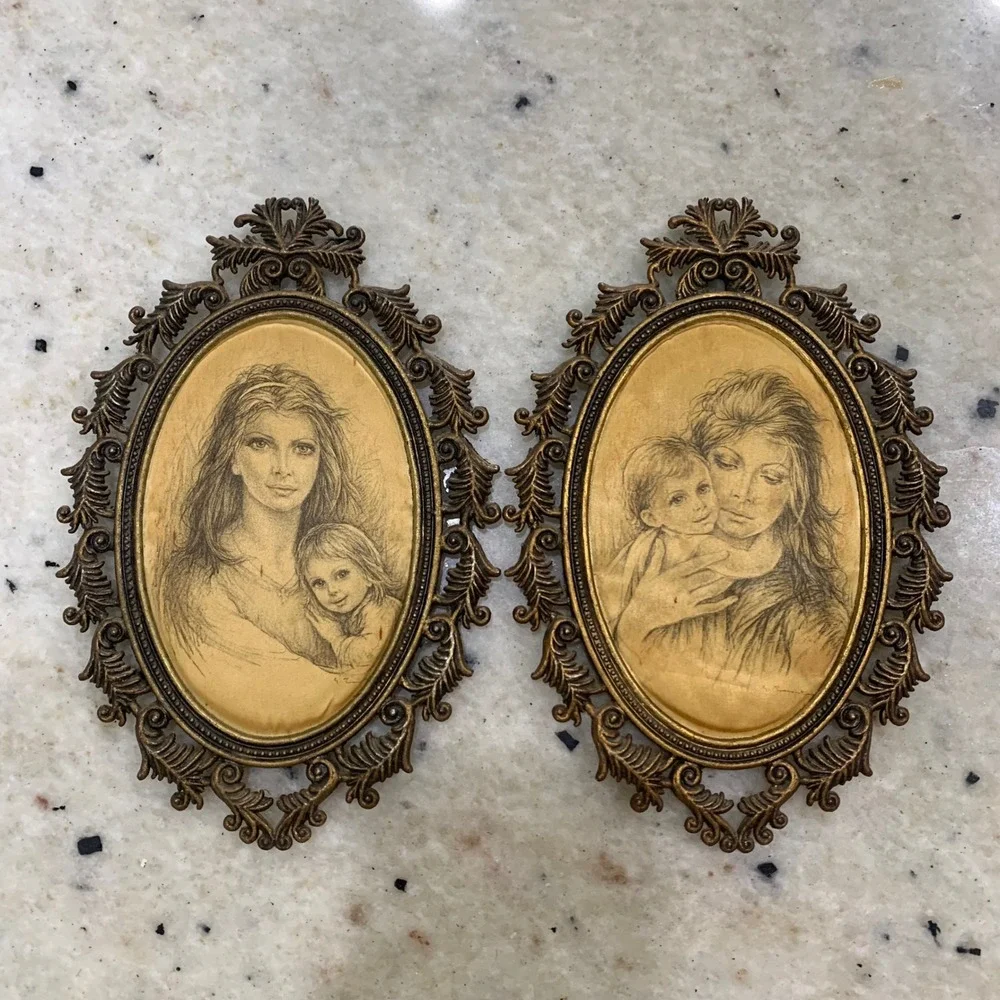 Vintage Ornate Gold Oval Frames Mother and Child Sketch Art Set of 2 Regency