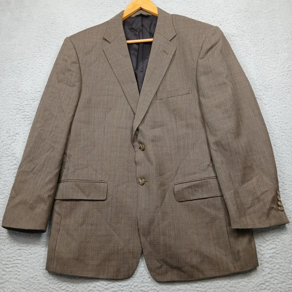 Jos A‎ Bank Traveler's Collection Brown Houndstooth Wool Blazer 44R Tailored Fit