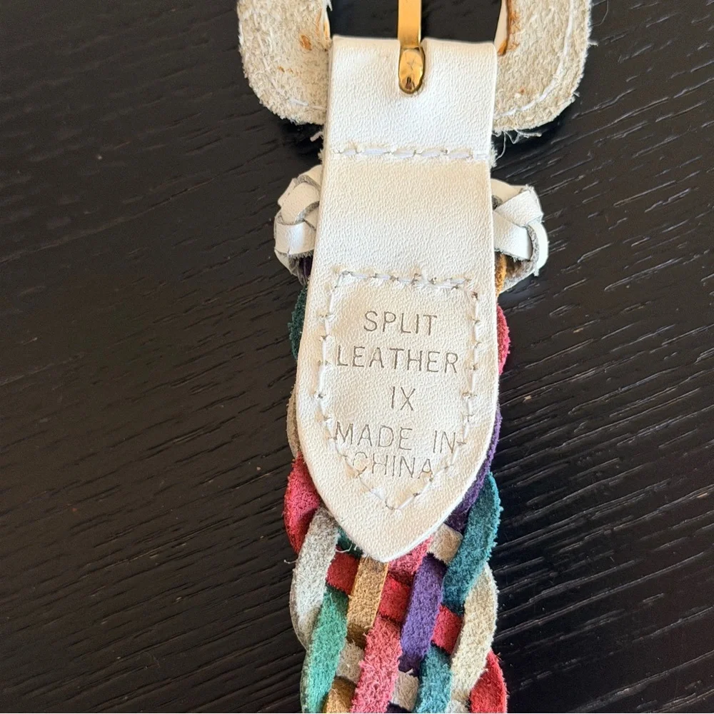 Vintage 80s Rainbow Colorful Cord Braided Belt White Leather Buckle Accent 1X