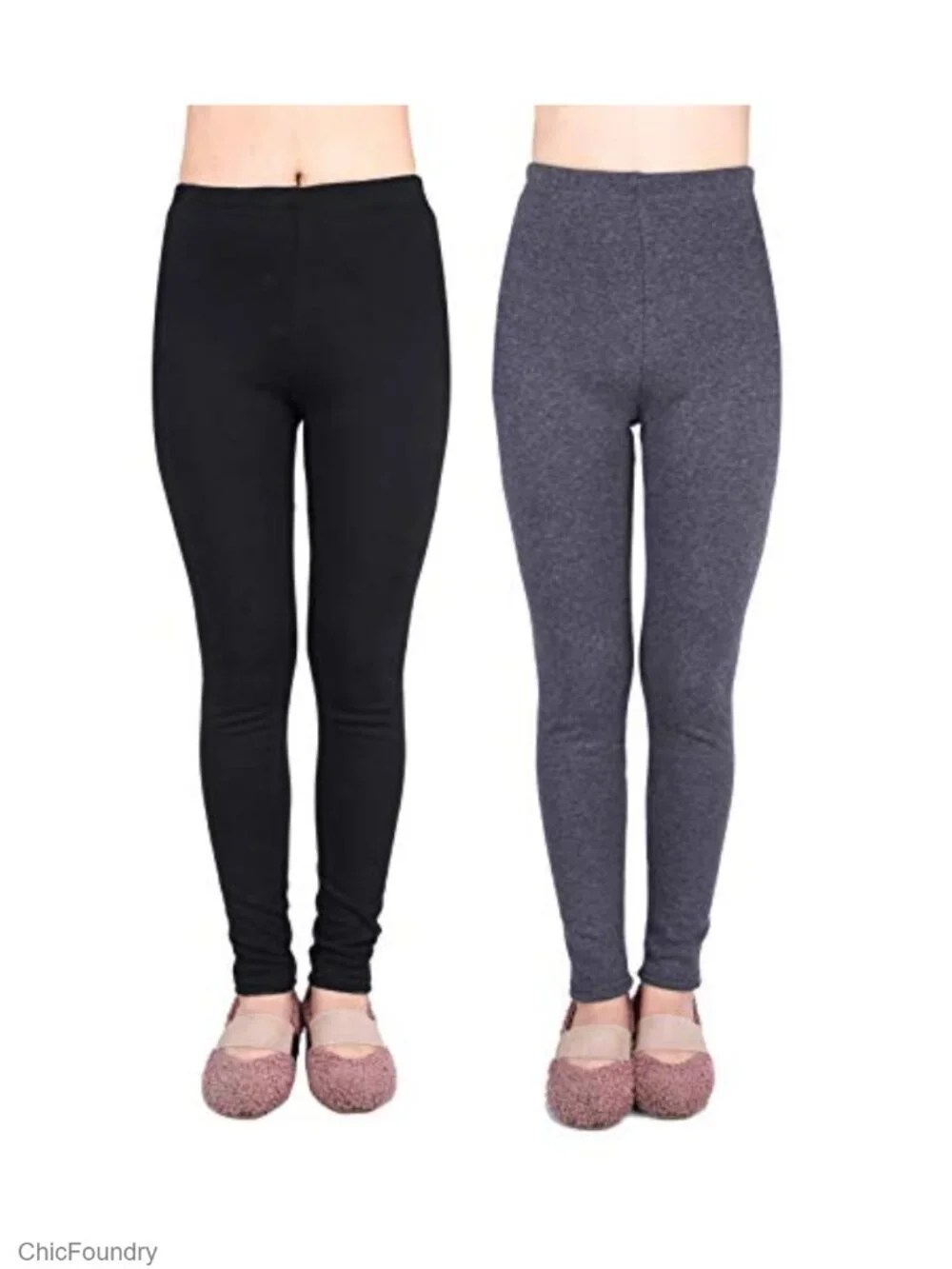 2 Pack Girls Fleece Lined Stretchy Leggings 100% Cotton Winter