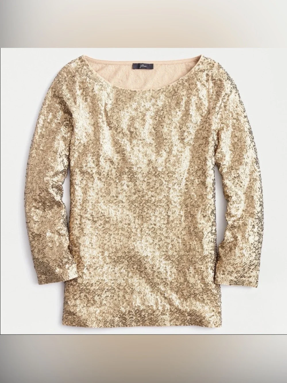 J.Crew Champagne Gold Sequin Glimmer Top Boatneck Long Sleeve Size Small