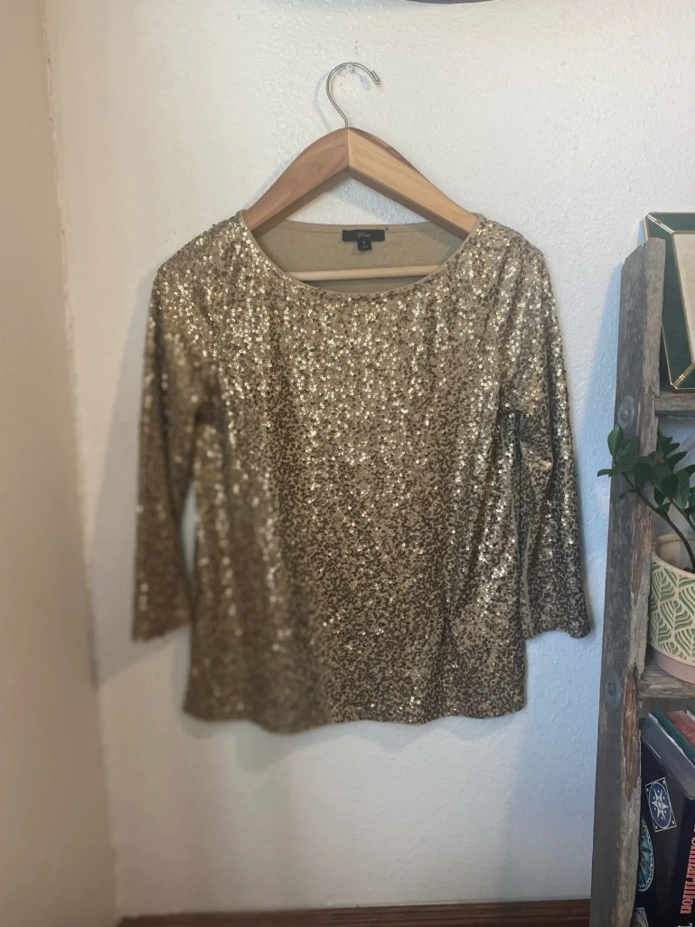 J.Crew Champagne Gold Sequin Glimmer Top Boatneck Long Sleeve Size Small