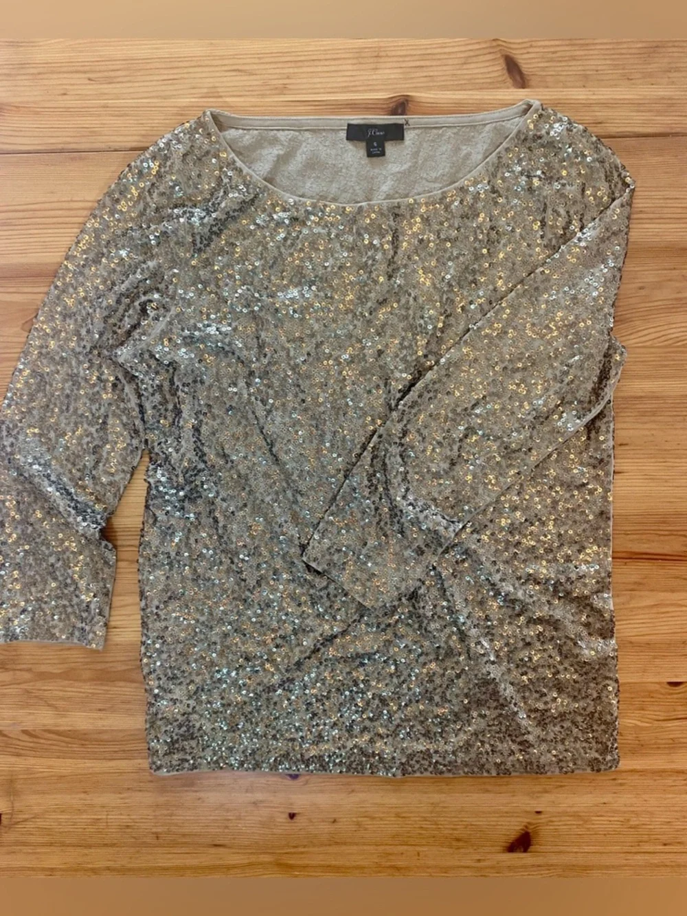 J.Crew Champagne Gold Sequin Glimmer Top Boatneck Long Sleeve Size Small