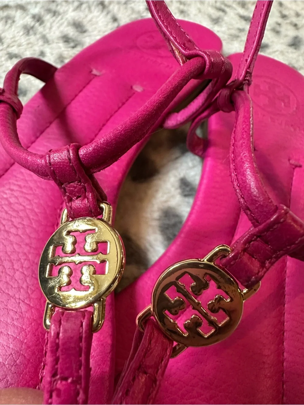 Tory Burch Fuchsia Hot Pink Leather T-Strap Mini Sandals with Gold Logo