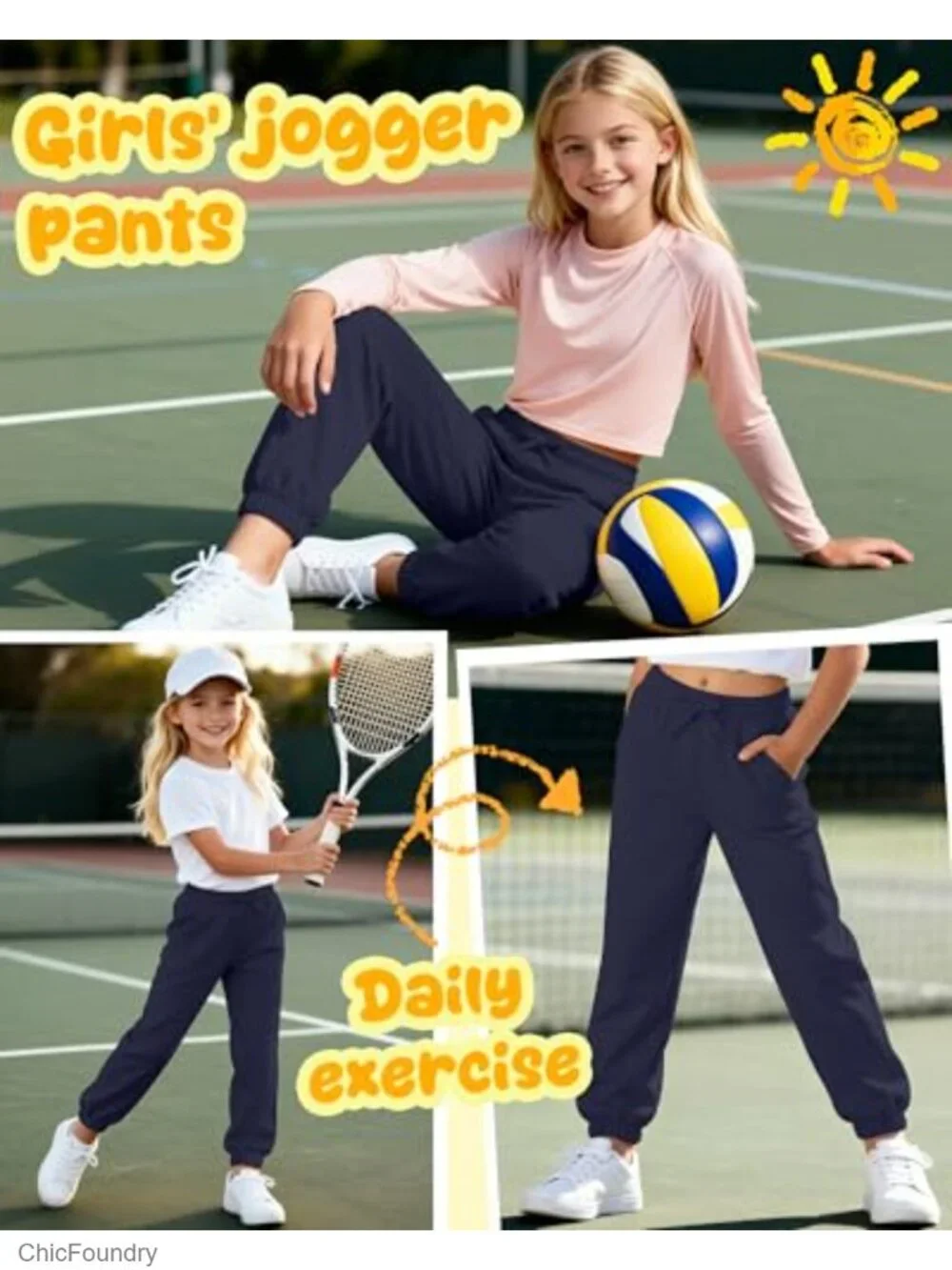 Girls Athletic Jogger Sweatpants with Pockets, 95% Polyester 5% Spandex, Kids