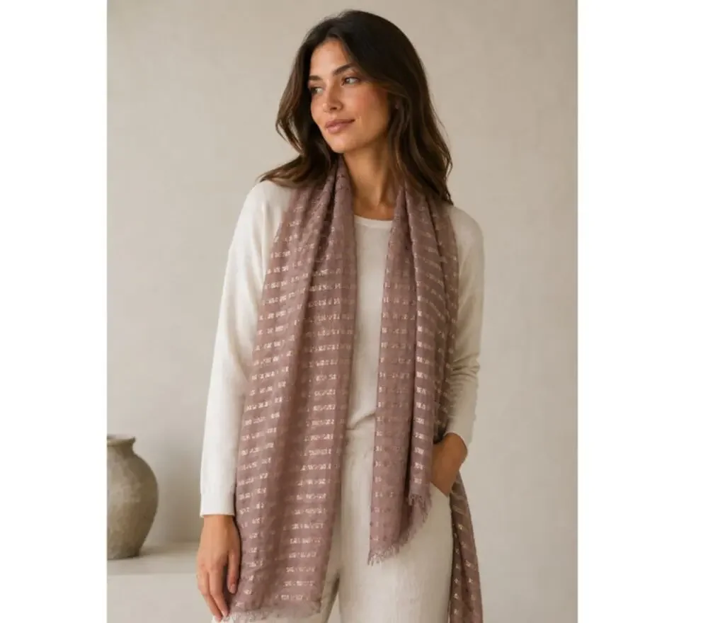 Dusty Rose Pink Metallic Striped Scarf Light Weight Blush Pink Boho Wrap 70X25