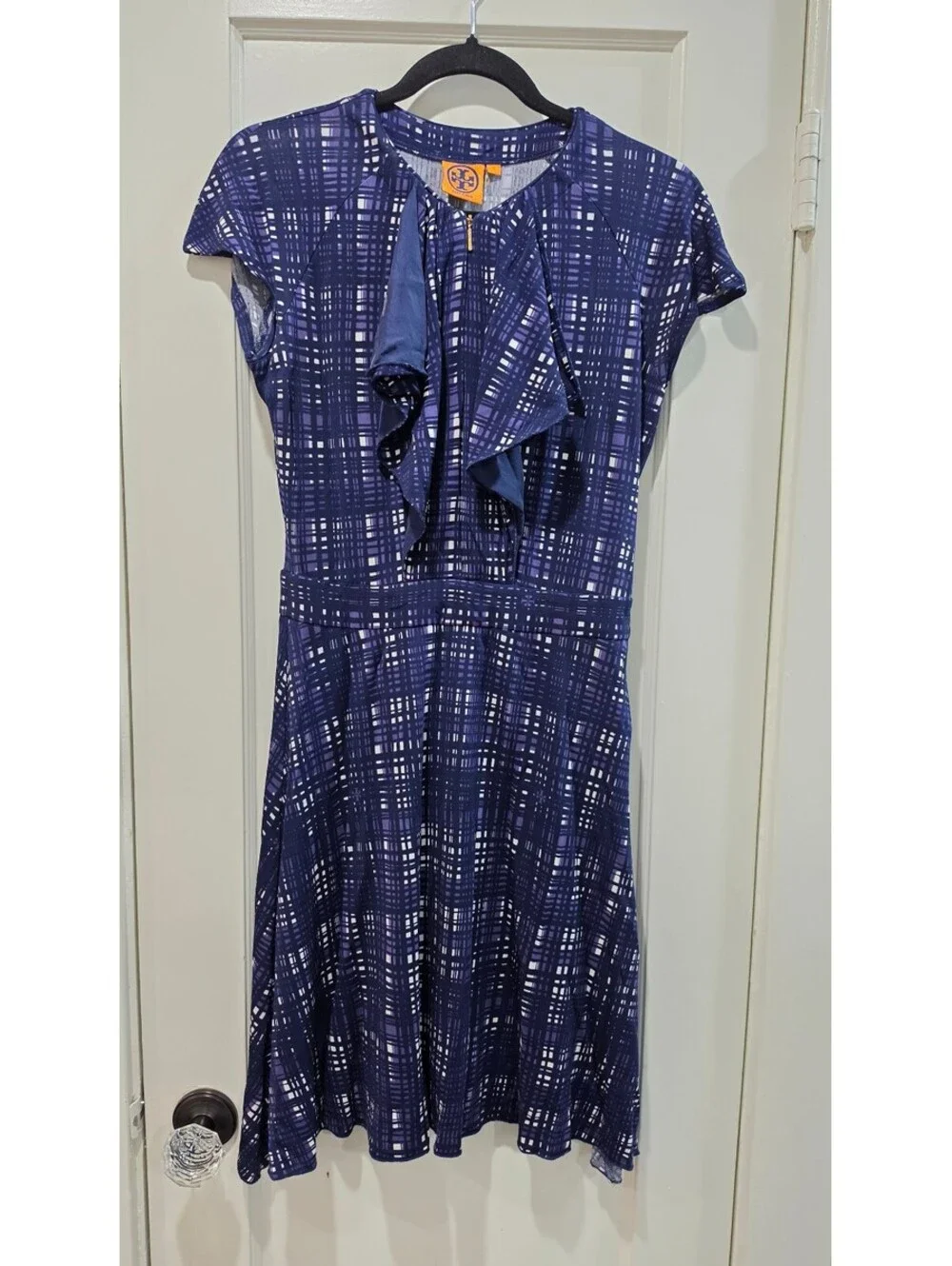 Tory Burch Navy Blue Patterned Ruffle Dress Size Small