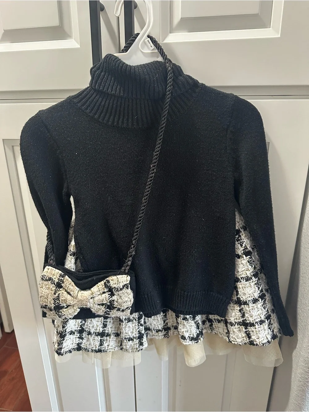 Tahari Black Turtleneck Sweater with Tweed Peplum Hem skirt and matching purse