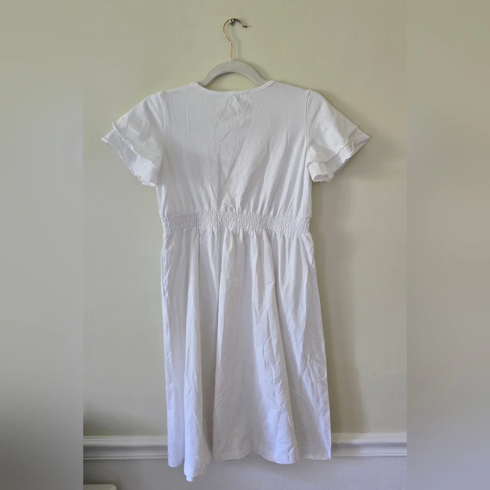 NEW Arshiner White Dress Girl's 12/13 Years (160) Short Ruffle Sleeve, Pockets