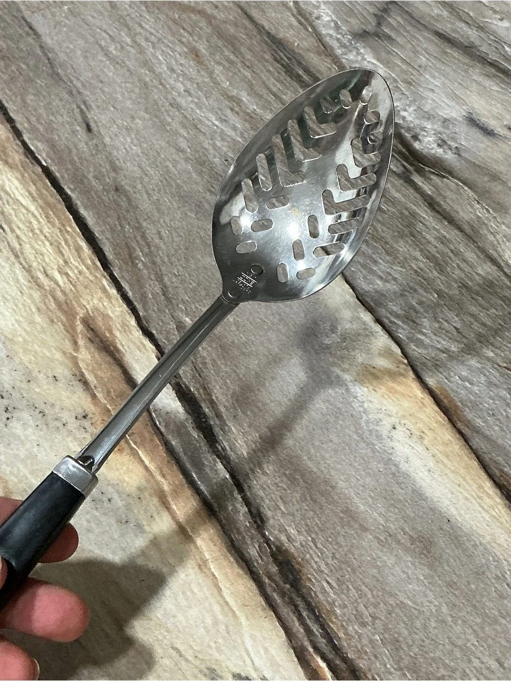 Vintage Ekco Slotted Serving Spoon Black Handle Chromium Plated Kitchen Utensil