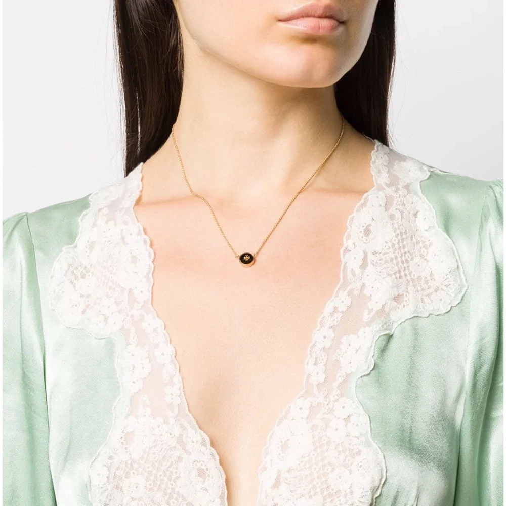 TORY BURCH • Black Raised Enamel Logo Pendant Necklace