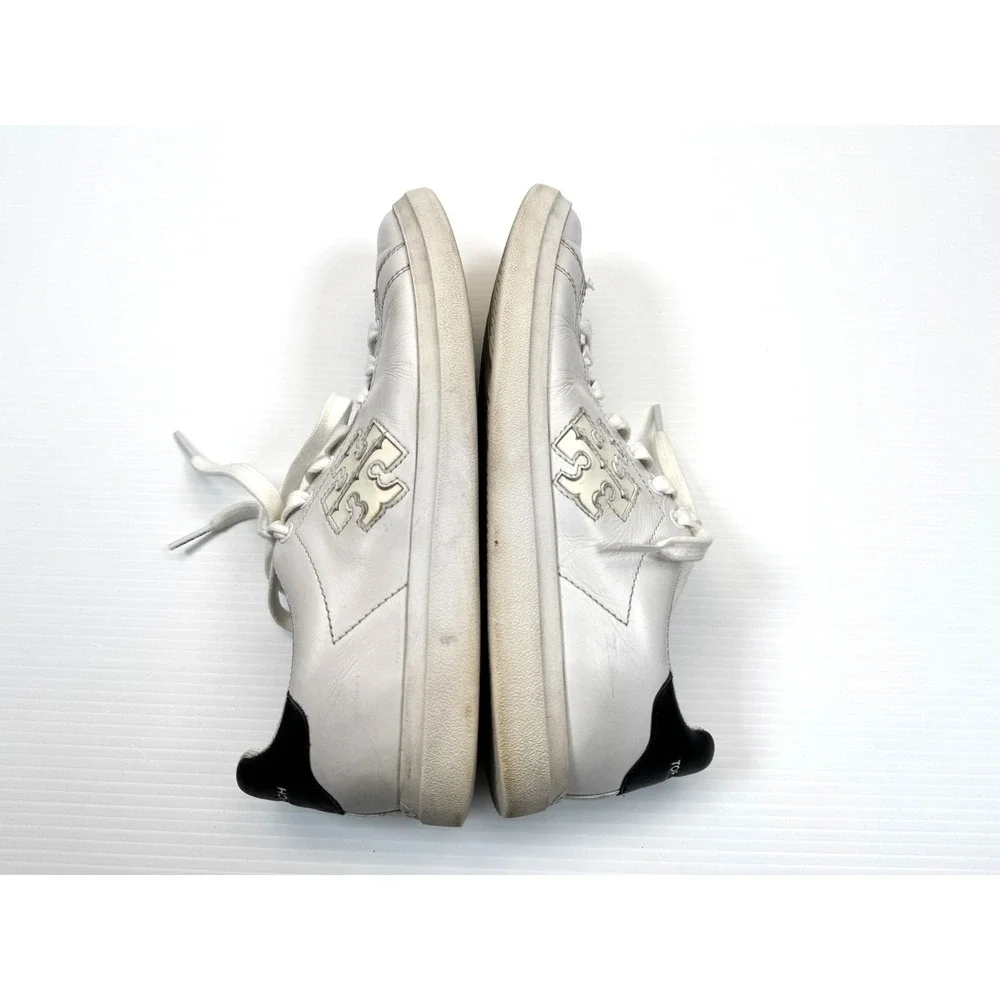Tory Burch Double T Howell‎ Coat Sneakers Women 7M Leather Logo Lace Up Comfort