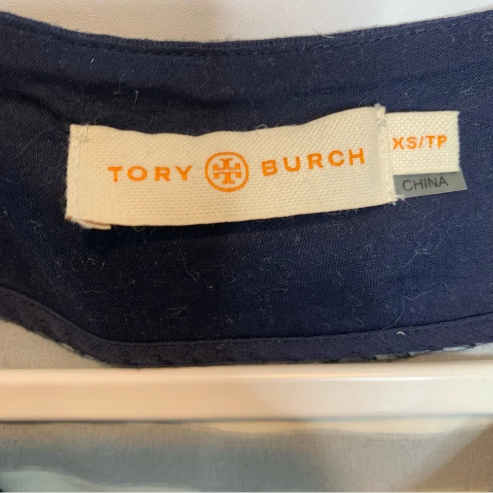 Tory Burch Navy & White Stripe Drop Waist Linen Shift Dress 3/4 Sleeves