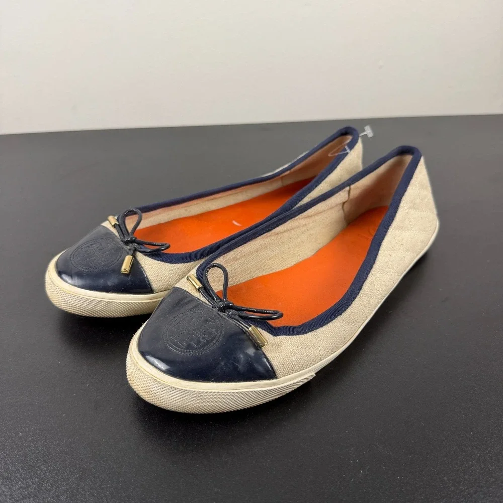 Tory Burch Ballet Flats Women's 10B Beige Blue Cap Toe Slip-On Career Casual