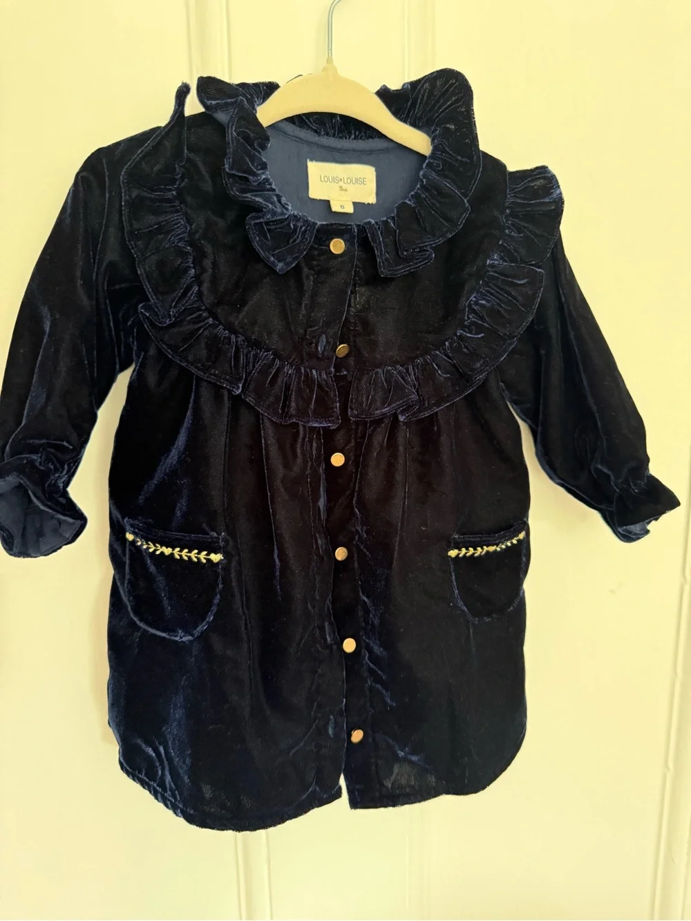 Louise Louise Girls' Navy Velvet Ruffle Button-Down Shirt